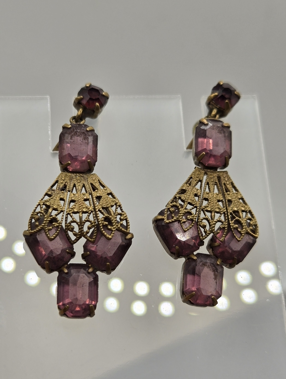 Vintage Czech Filigree Earrings Amethyst Glass Earrings Screw Back CZECHO SLOVAK